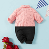 baby boys pink floral shirt and black pants romper suit with braces and matching bow tie