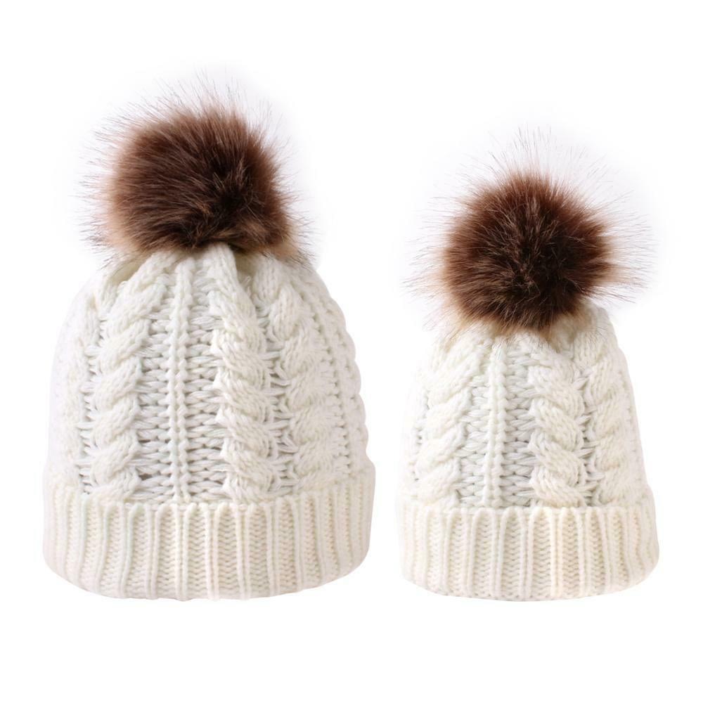 family matching mum and baby cream knitted woolly fur ball hats