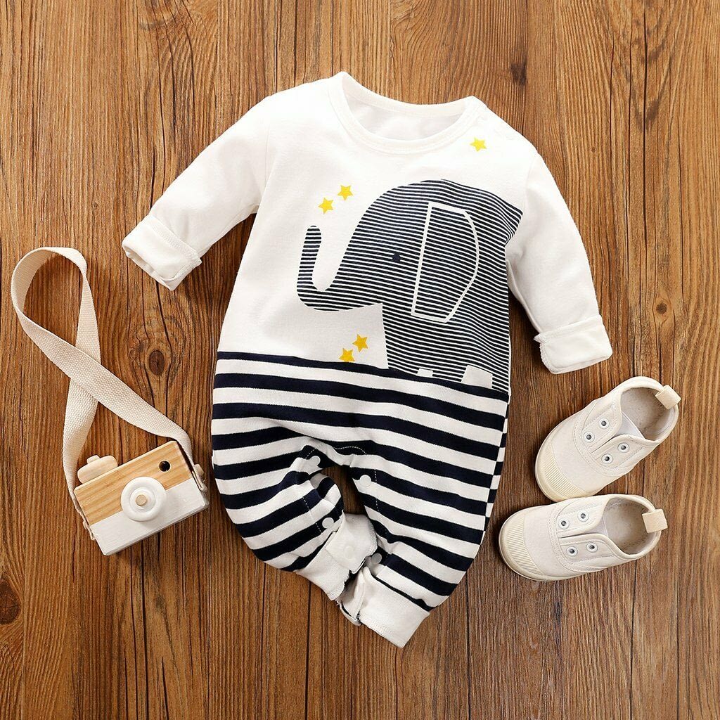 baby white striped cotton elephant all in one romper