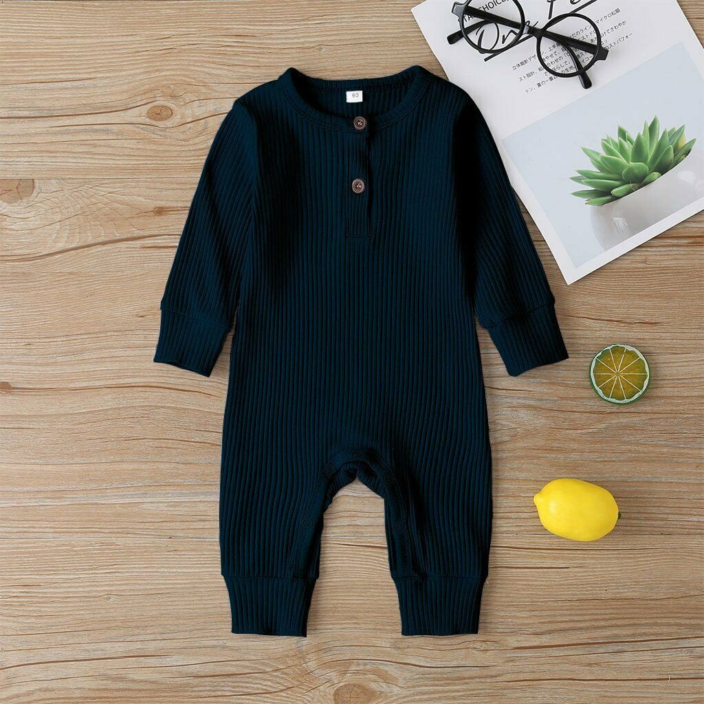 baby girl or boy navy blue cotton cardigan style ribbed buttoned all in one romper suit