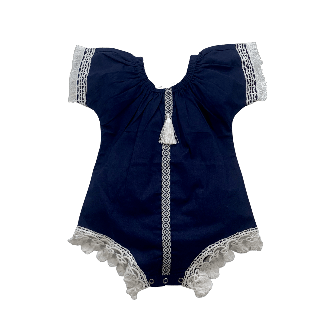 baby and toddler girls boho style navy blue romper with white lace and tassles