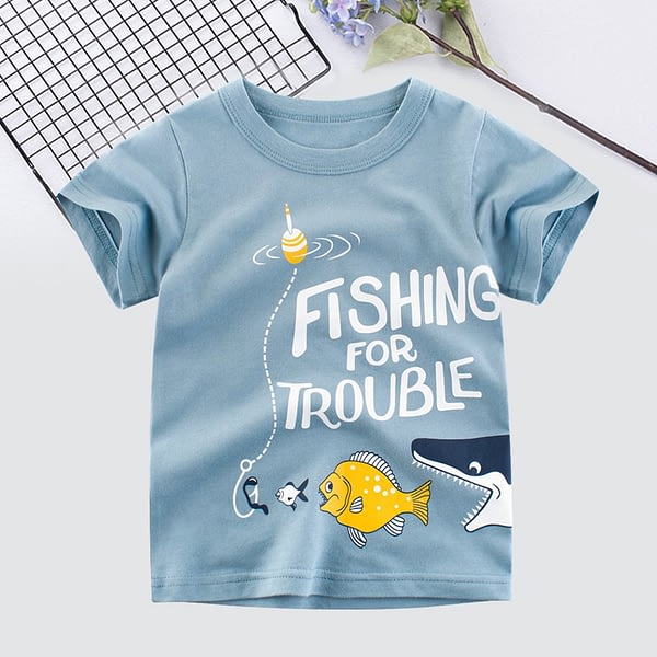 blue cotton fishing for trouble cartoon t-shirt for boys