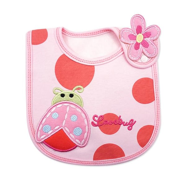 baby girls pink and red bib with love bug and flower