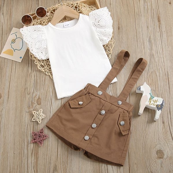girls white top and mocha pinafore skorts outfit set