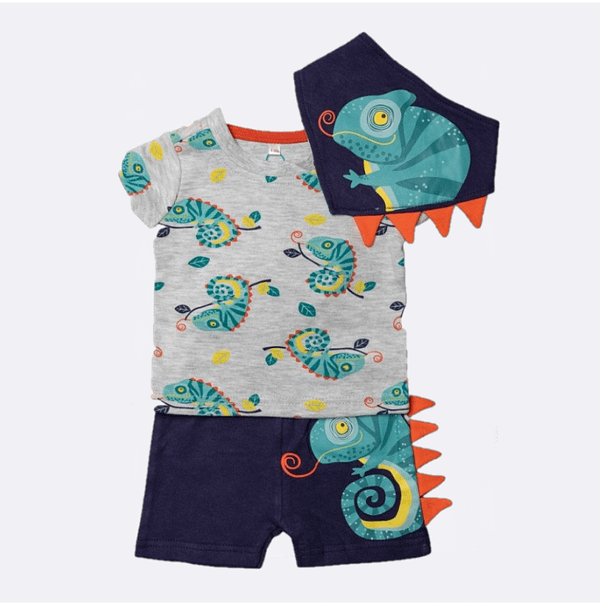 baby boys grey and navy blue chameleon print t-shirts, shorts and bib set by lily and jack