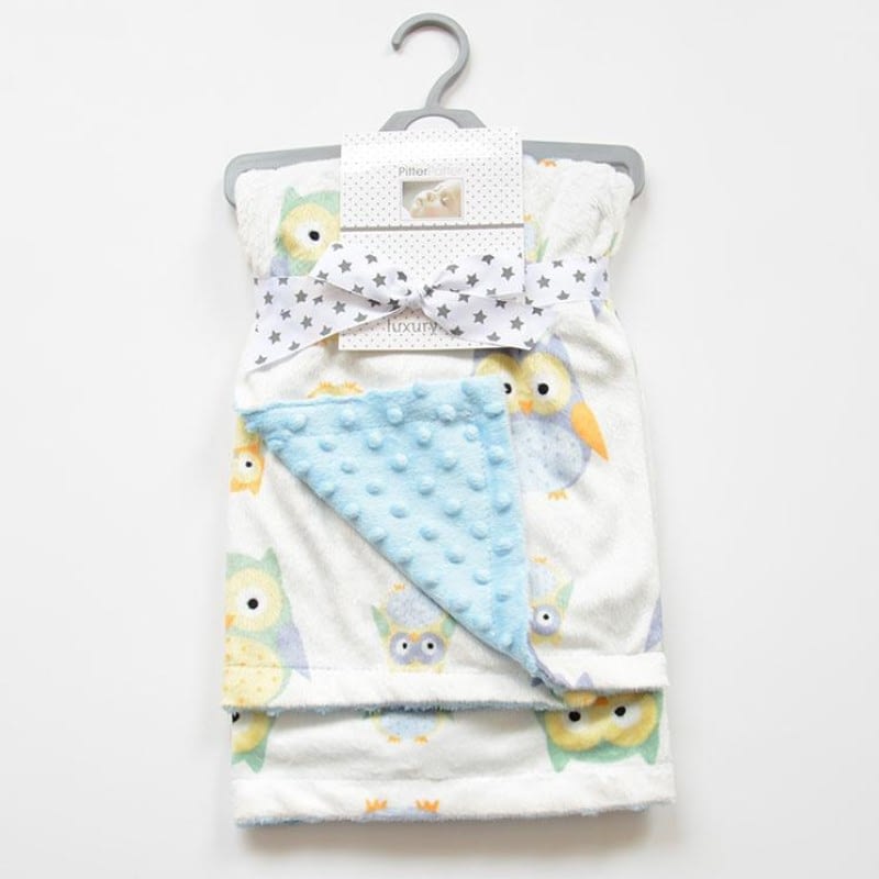 blue and white owl print cosy baby blanket