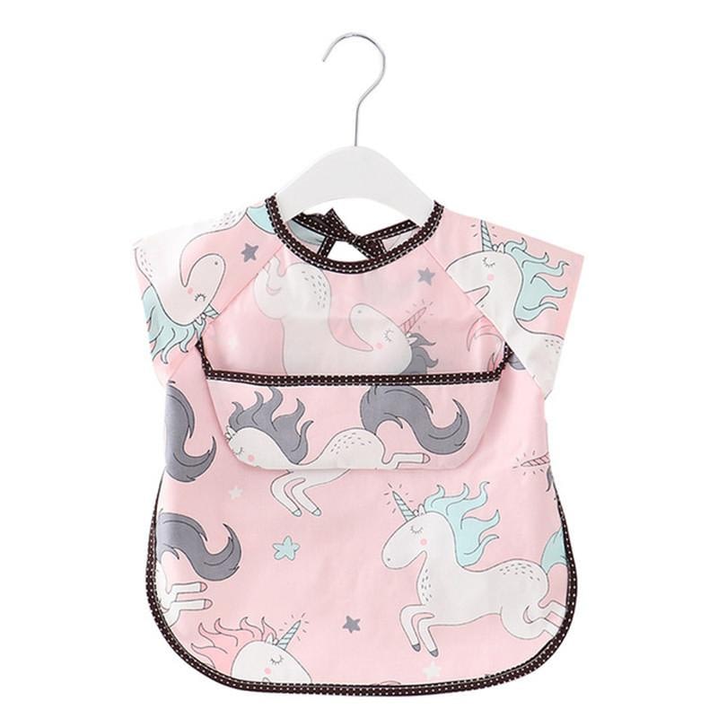 baby and toddler short sleeved pink unicorn print weaning coverall apron bib