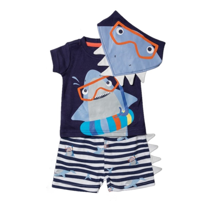 baby boys shark print t-shirt-shorts& bib 3 piece set by lily and jack