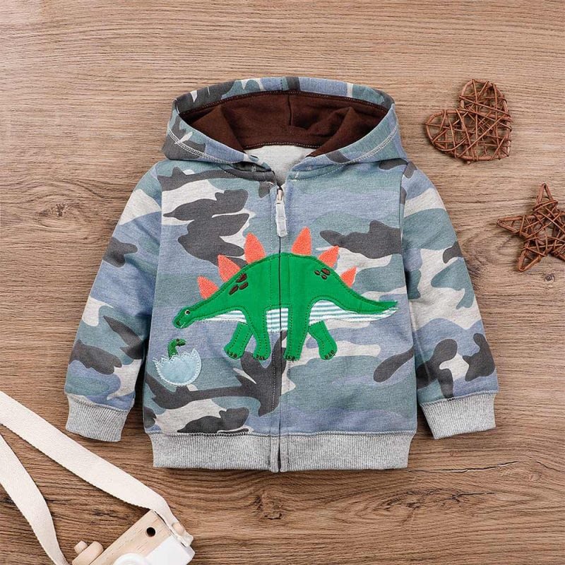 baby and toddlers grey camouflage hoodie top with dinosaur