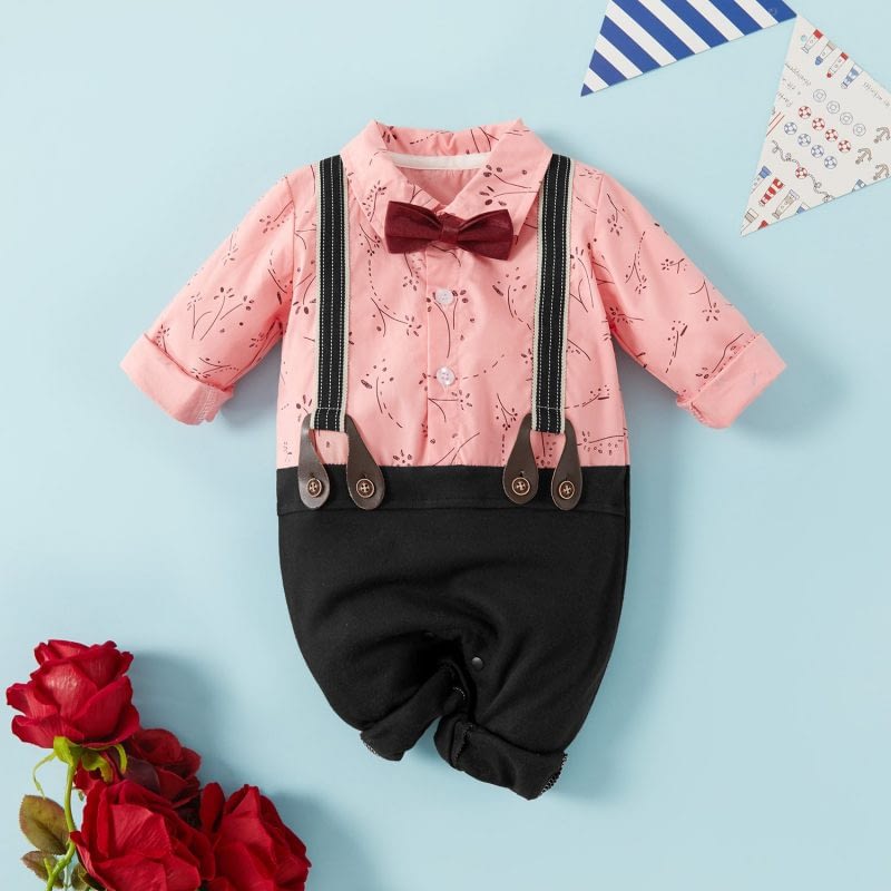 baby boys pink floral shirt and black pants romper suit with braces and matching bow tie