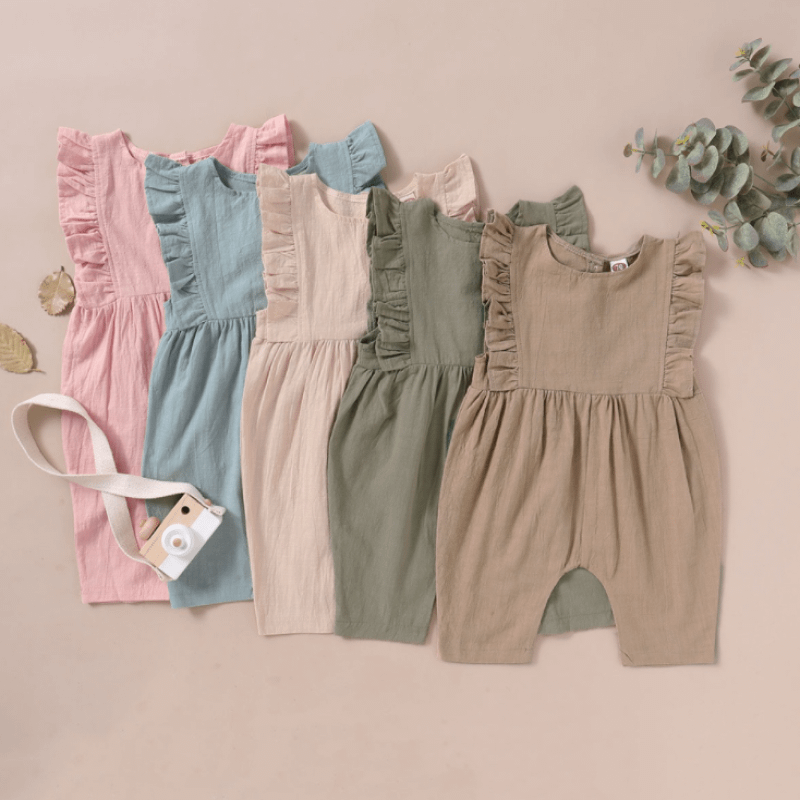 baby girls army pastel ruffle detail linen romper suit