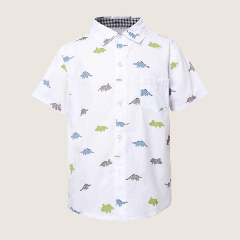 boys white dinosaur print short sleeve occasion shirt