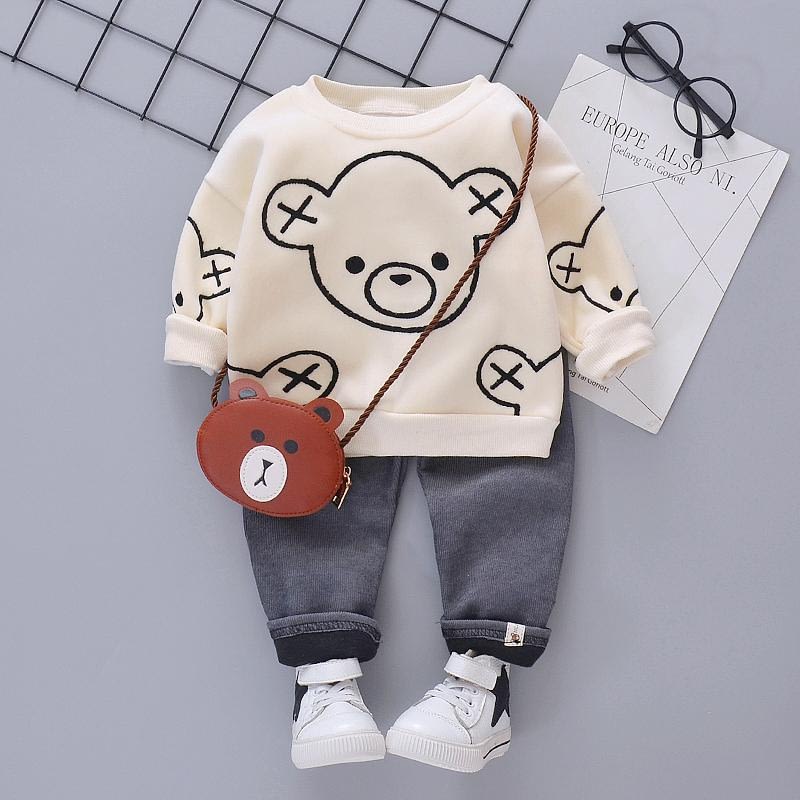 baby boys velour sweater and grey cord pants set