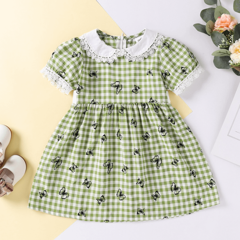 girls green gingham butterfly print dress with lace collar, cuffs and belt