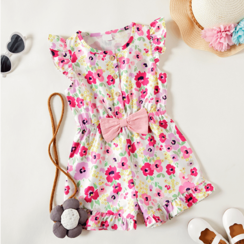 girls pink floral bow shorts playsuit with flutter sleeves