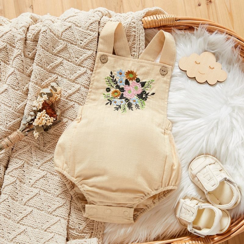 baby girls beige linen floral sleeveless romper suit