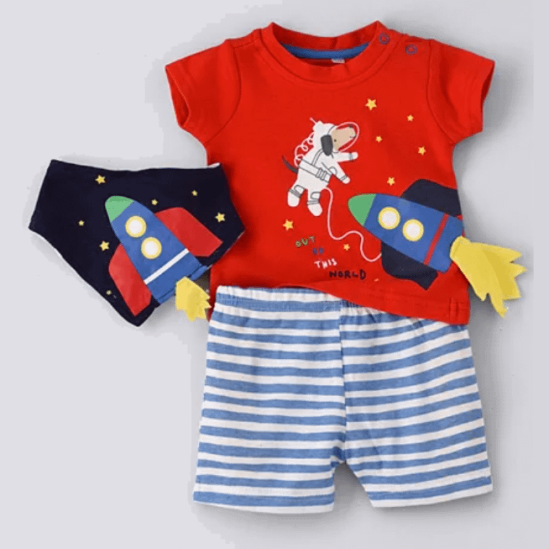 baby boys red space rocket 3d t-shirt with blue and white stripe shorts and matching bib by lily and jack
