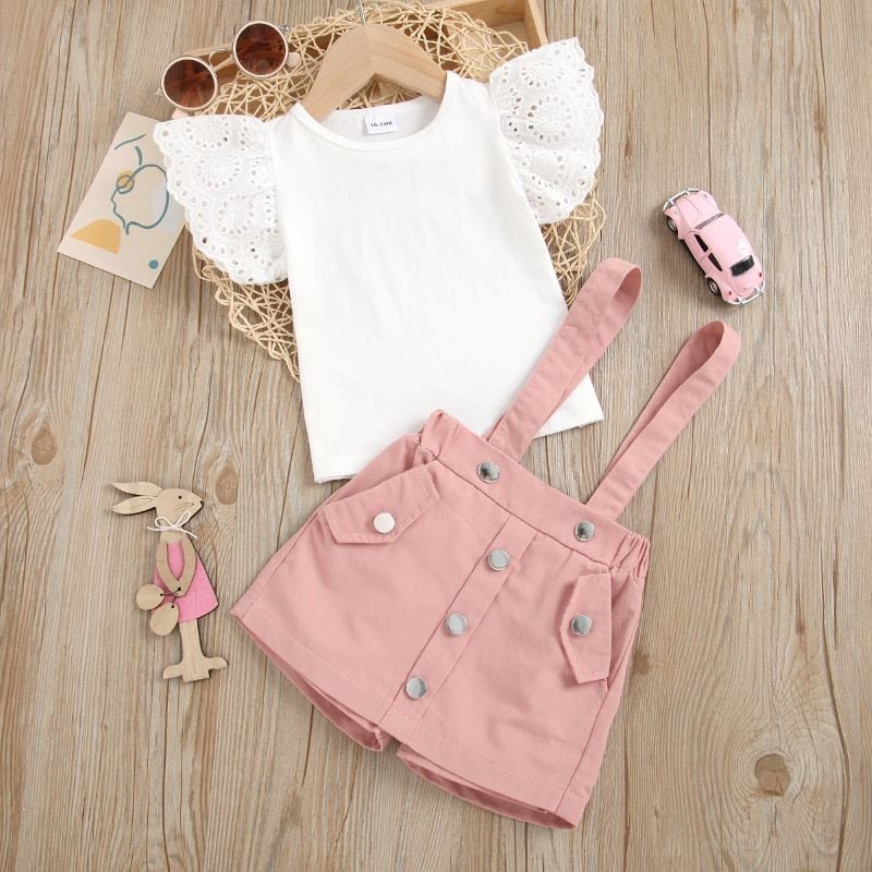 girls white top and pink pinafore skorts outfit set
